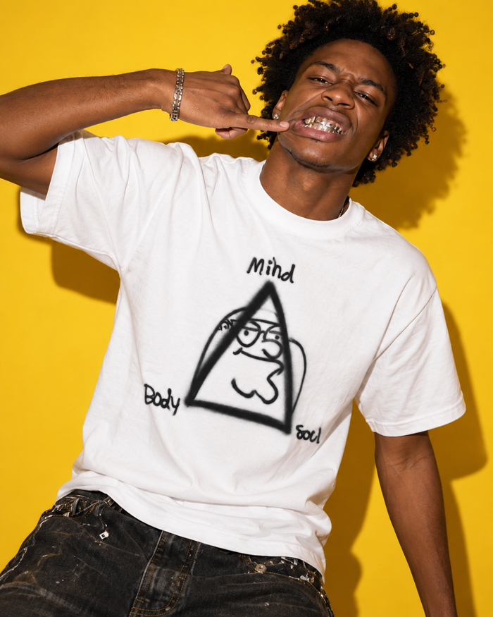 Airbrushed Peter Griffin Mind Body Soul tee in white, worn in the wild